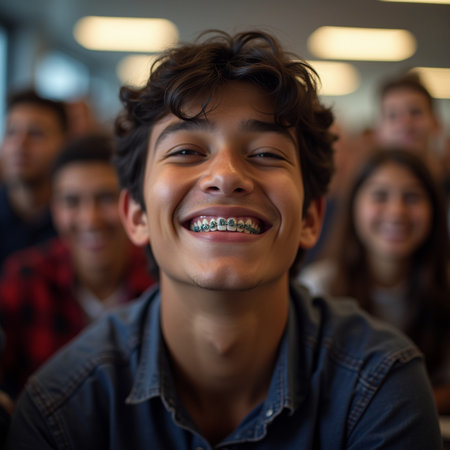 Portrait of smiling student with braces on his teeth in lecture hallの素材