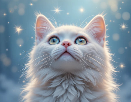 Cute white cat with blue eyes on blue background with stars.の素材