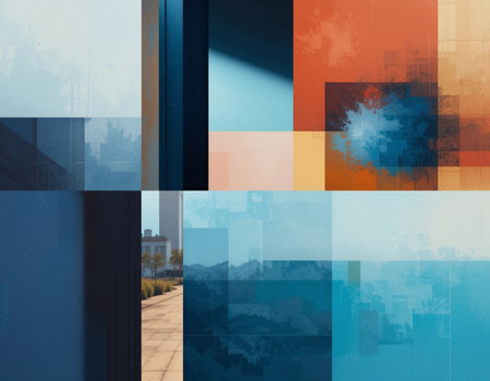Collage of abstract blue, orange, yellow and red backgrounds.の素材
