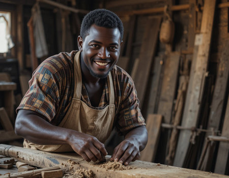 portrait of smiling african american carpenter working with wood in workshopの素材
