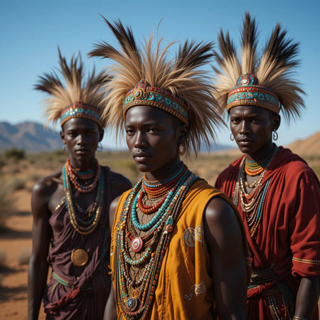 Group of Masai warriors in traditional clothing at the Masai Mara, Kenyaの素材