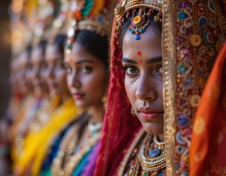 Indian women in traditional clothes at the festival of Holi in Indiaの素材