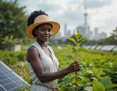 Young african american woman standing by solar panels in a greenhouseの素材