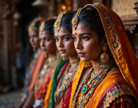 Indian women in traditional clothes at the temple. India. Hampi.の素材