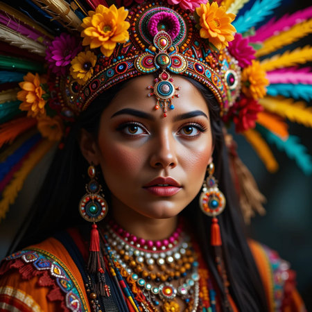 Portrait of a beautiful Indian woman wearing colorful headdress.の素材