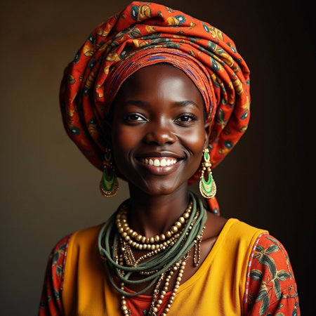 Beautiful african woman in traditional clothing smiling at the camera.の素材