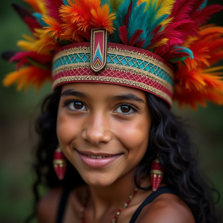 Portrait of a beautiful young Indian girl wearing a headdress.の素材