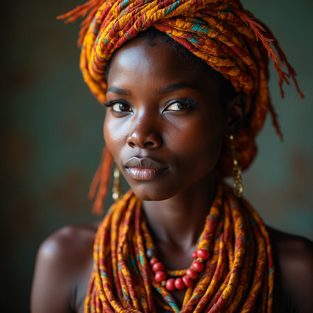 Portrait of a beautiful young African woman with braids and beads.の素材