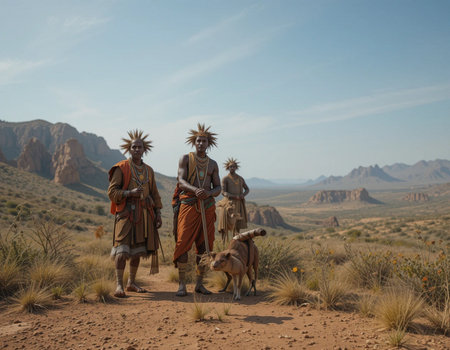 Native American people in Wadi Rum desert, Namibiaの素材