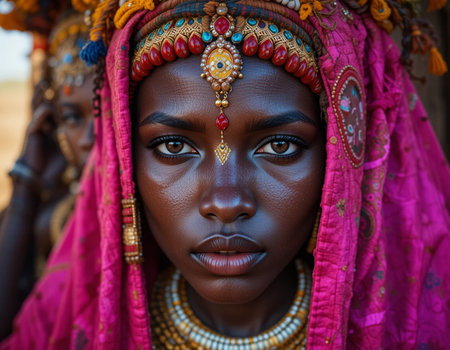 Portrait of a beautiful African woman in traditional clothes, close upの素材