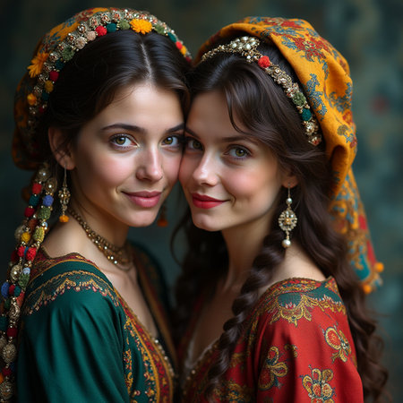 Portrait of two beautiful young women in traditional Indian clothing.の素材