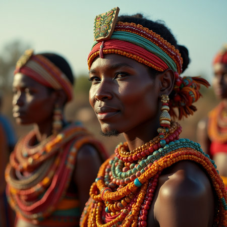 Portrait of a beautiful young African woman in traditional clothing and beads.の素材