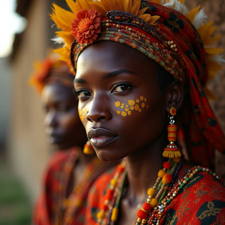 Beautiful african woman in traditional clothes with flowers in her hairの素材