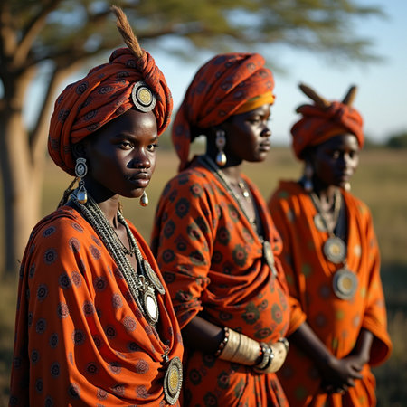 Group of young African women in traditional clothes standing in the field.の素材