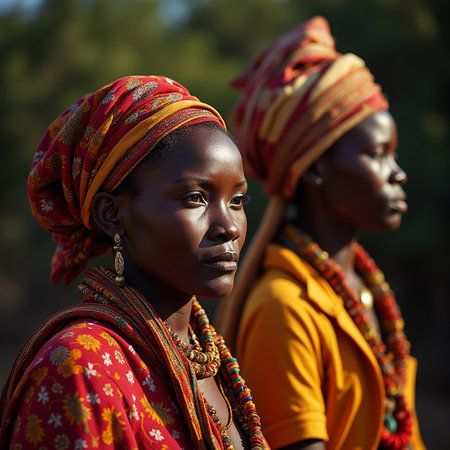 Portrait of two young African women in traditional clothes standing back to back.の素材