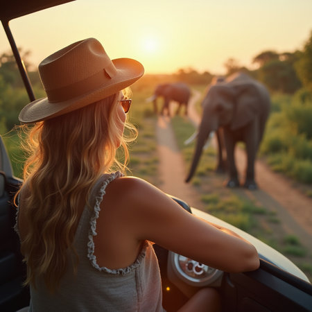 Young woman in hat and sunglasses sitting in the car and looking at the elephant at sunsetの素材