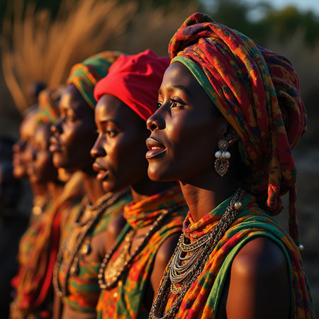 Beautiful African women in traditional clothes and scarves on the street.の素材