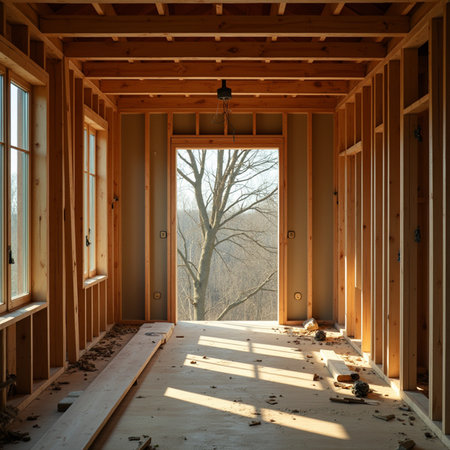 interior of a new house under construction with wooden beams and sunlightの素材