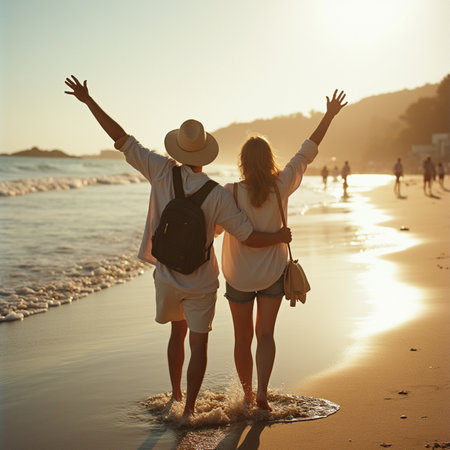 Couple on the beach. Young man and woman in love walking on the beach at sunset.の素材