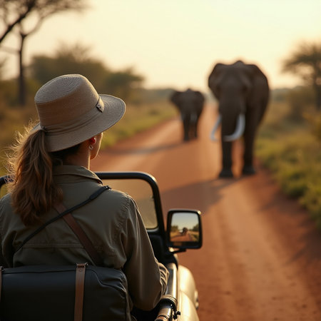 Young woman tourist with elephant in safari car at sunset, back viewの素材