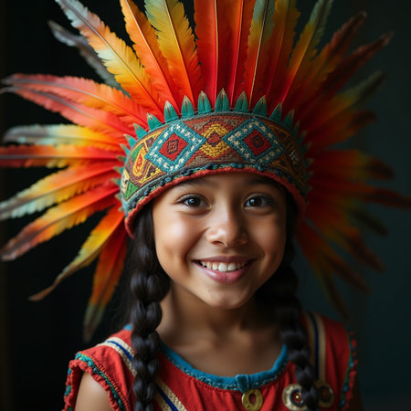 Portrait of a cute little Indian girl wearing a headdress with feathersの素材
