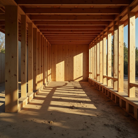 Interior of a new house under construction with wooden beams and sunlightの素材