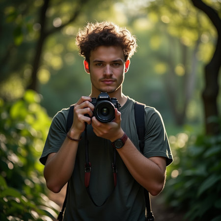 Handsome young man holding a camera and taking photos in the forestの素材