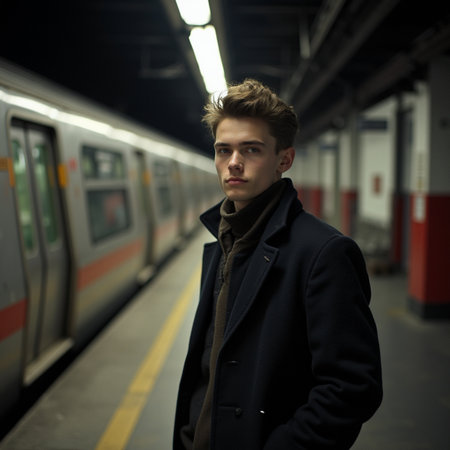 Young man waiting for a train at the underground station. Shallow depth of field.の素材