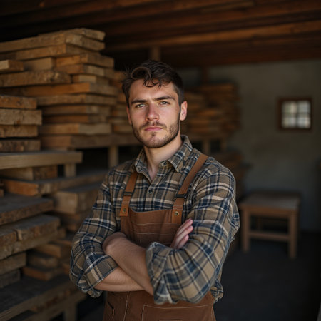 Portrait of a young caucasian male worker in a carpentry workshopの素材