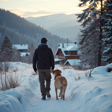 Man walking with dog in winter forest. Man with dog in mountains.の素材
