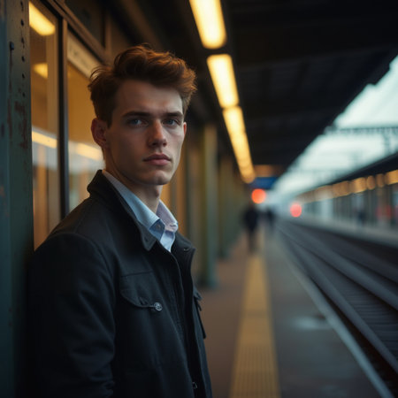 Portrait of a handsome young man in a black coat at the train stationの素材