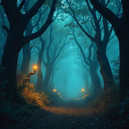 Mysterious forest with a lantern in the fog. Halloween backgroundの素材