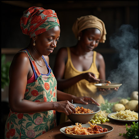 Two African women cooking in the kitchen at home. Selective focus.の素材