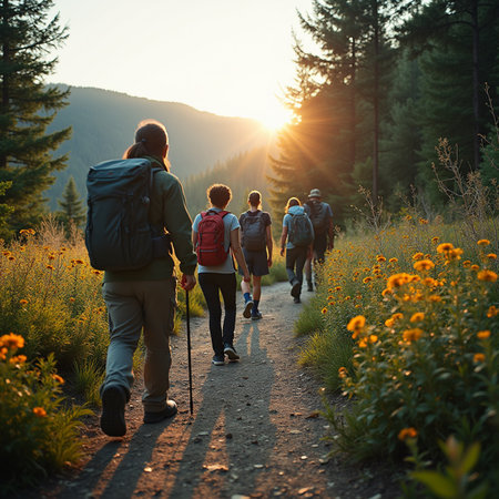 group of hikers with backpacks hiking on mountain trail at sunset.の素材