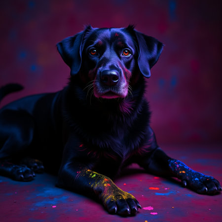 Studio portrait of a black Labrador retriever dog on a red background.の素材