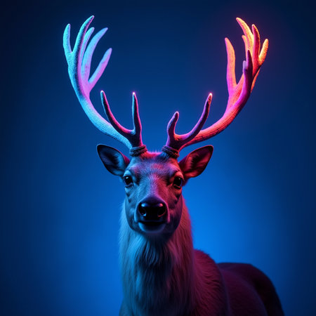 Portrait of a deer on a blue background. Studio shot.の素材