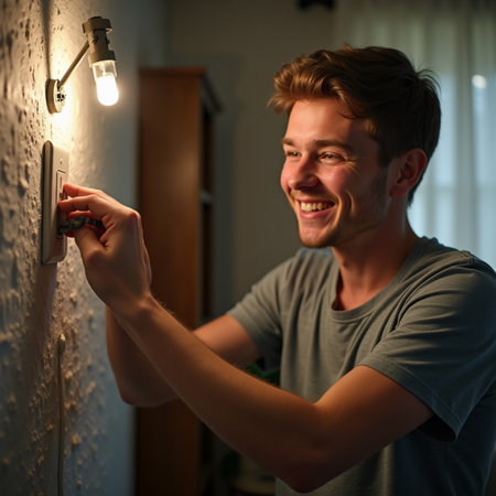 Handsome young man installing a light bulb on the wall at homeの素材