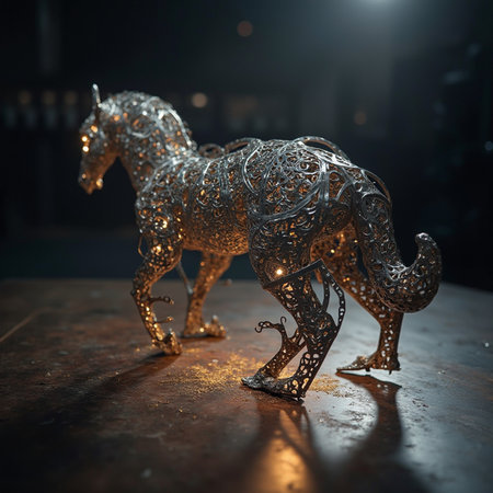 Horse model made of metal. Decorative horse on a dark background.の素材