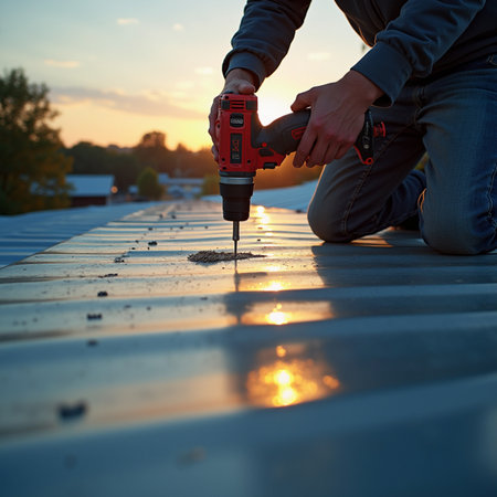 Worker with electric drill on the roof of the house at sunset.の素材