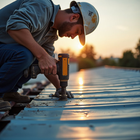 Worker with a drill on the roof of a residential building at sunsetの素材