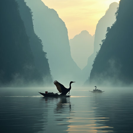Fisherman in a boat on the misty lake at sunriseの素材