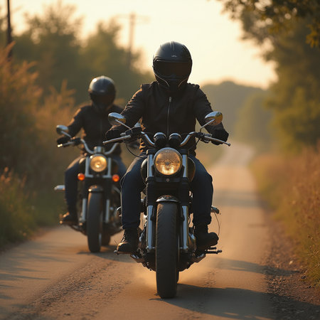 Two bikers in black leather jackets and helmets on the road.の素材