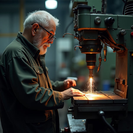 Senior caucasian man working on CNC milling machine in factoryの素材