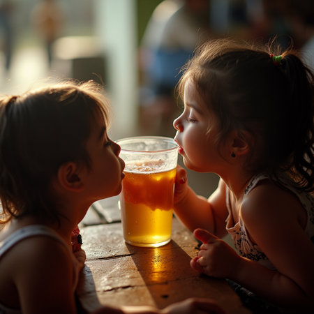 Cute little girls drinking beer in a cafe. Selective focus.の素材