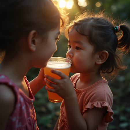 Two cute little girls drinking orange juice in the park at sunset.の素材