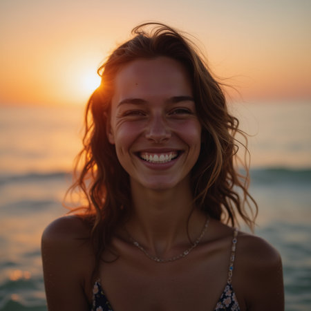 Beautiful young woman smiling and looking at camera on the beach at sunsetの素材