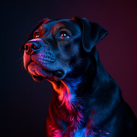 Portrait of a dog on a dark background. Studio shot.の素材