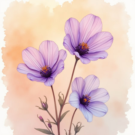 Beautiful spring flowers on a blurred background. Watercolor illustration.の素材