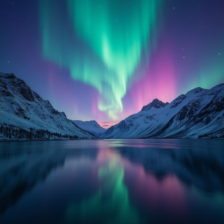 Northern lights over fjord and snowy mountains at night, Norwayの素材