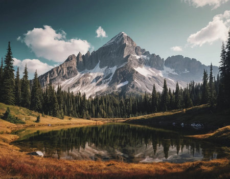 Mountain lake in the Canadian Rockies. Filtered image processed vintage effect.の素材